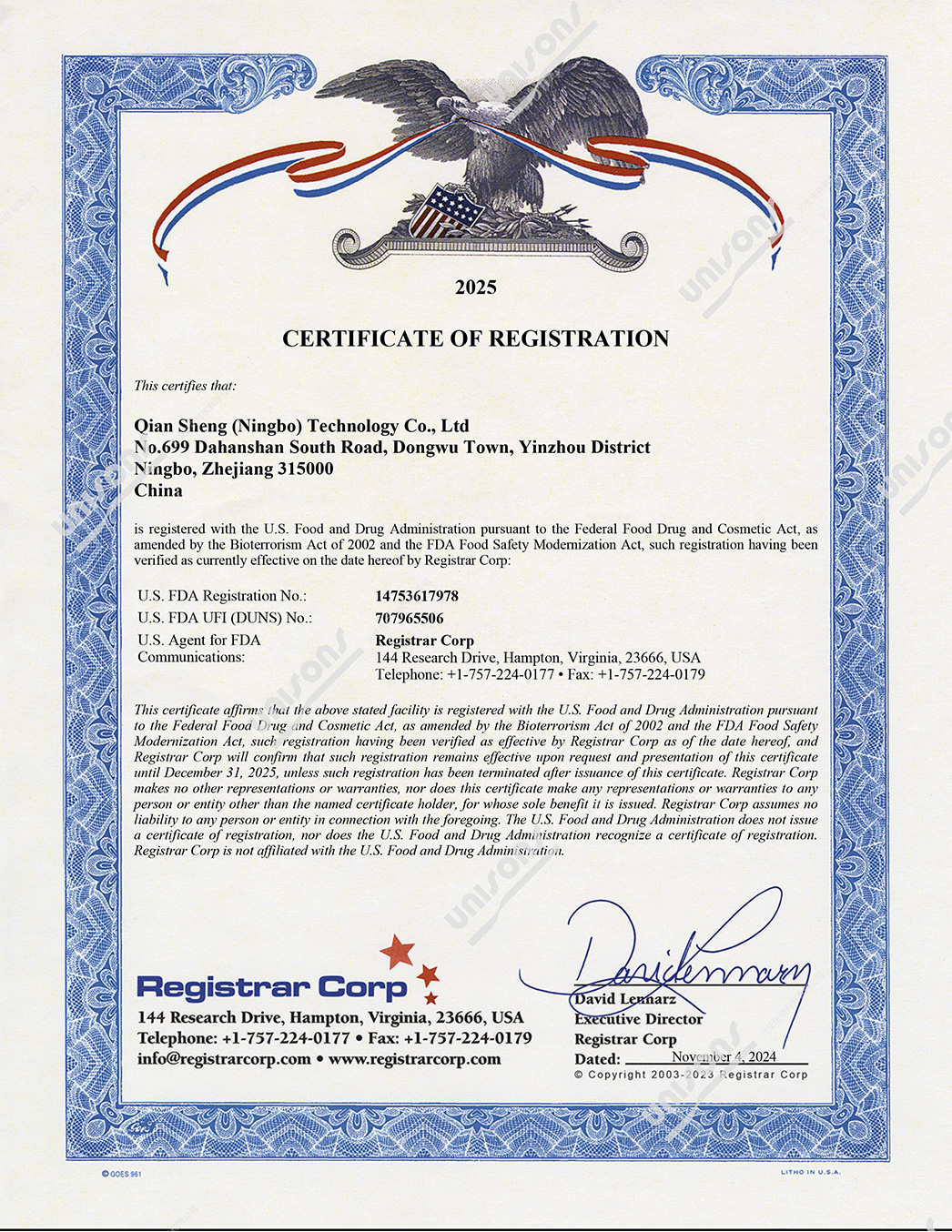 U.S. Food and Drug Administration Certification